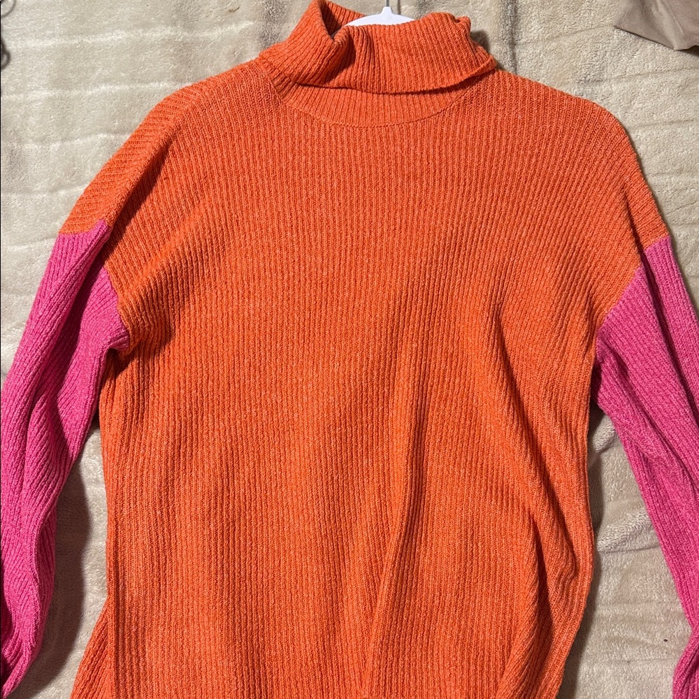 Colorblock Turtleneck Sweater - Orange and Pink